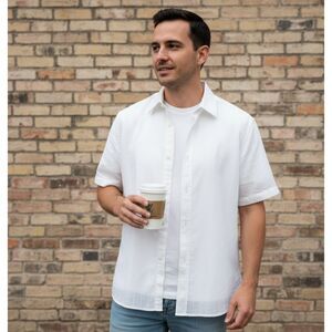 Perry Ellis Linen Shirt L White Striped Short Sleeve Button Down Men's Casual